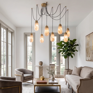 Droplet Natural Alabaster Multi-Chandelier - Modern double-height living room with greenery