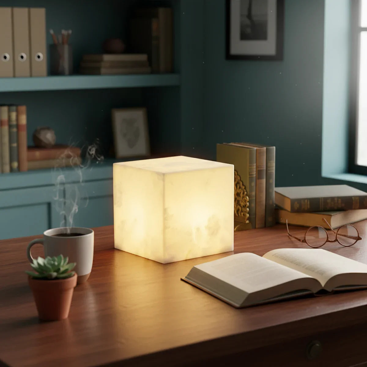Simple Alabaster Cube Table Lamp