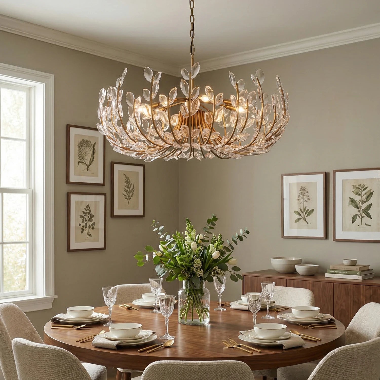 Adela Artisan Hand-Blown Glass Chandelier - Elegant Dining Room Round Wooden Table Botanical Prints | HoaiLamp
