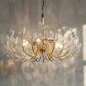 Adela Artisan Hand-Blown Glass Chandelier - Studio Grey Textured Background Full Lit View | HoaiLamp