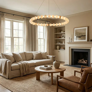 Alabaster Beaded Ring Chandelier - Cozy Transitional Living Room Beige Sofa Wooden Coffee Table | HoaiLamp