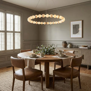 Alabaster Beaded Ring Chandelier - Elegant Dining Room Round Wooden Table Shutter Window | HoaiLamp