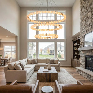 Alabaster Beaded Ring Chandelier - Double Height Living Room Three Tier Concentric Rings | HoaiLamp
