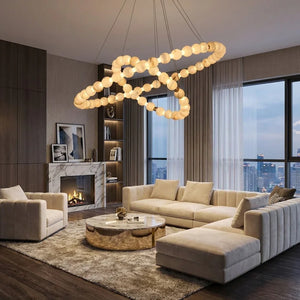 Alabaster Beaded Ring Chandelier - Luxury Penthouse Lounge Intersecting Double Rings | HoaiLamp