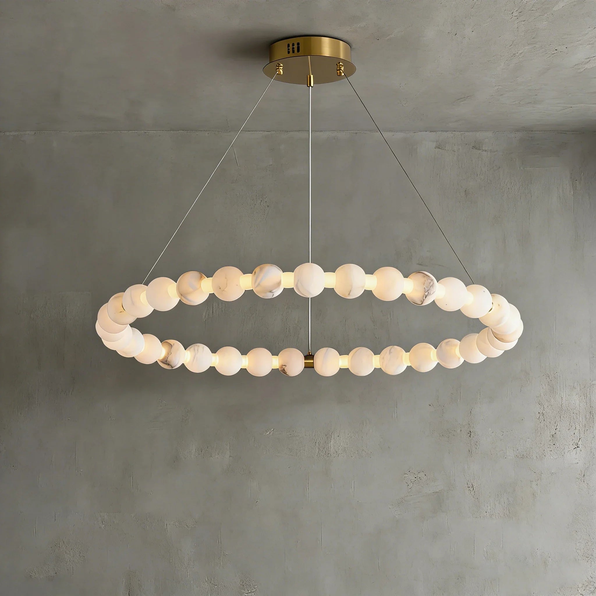 Alabaster Beaded Ring Chandelier - Studio Grey Concrete Backdrop Single Ring Lit | HoaiLamp