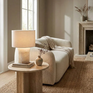 Alabaster Column Drum Table Lamp - Living Room Round Wooden Side Table Cream Boucle Sofa | HoaiLamp