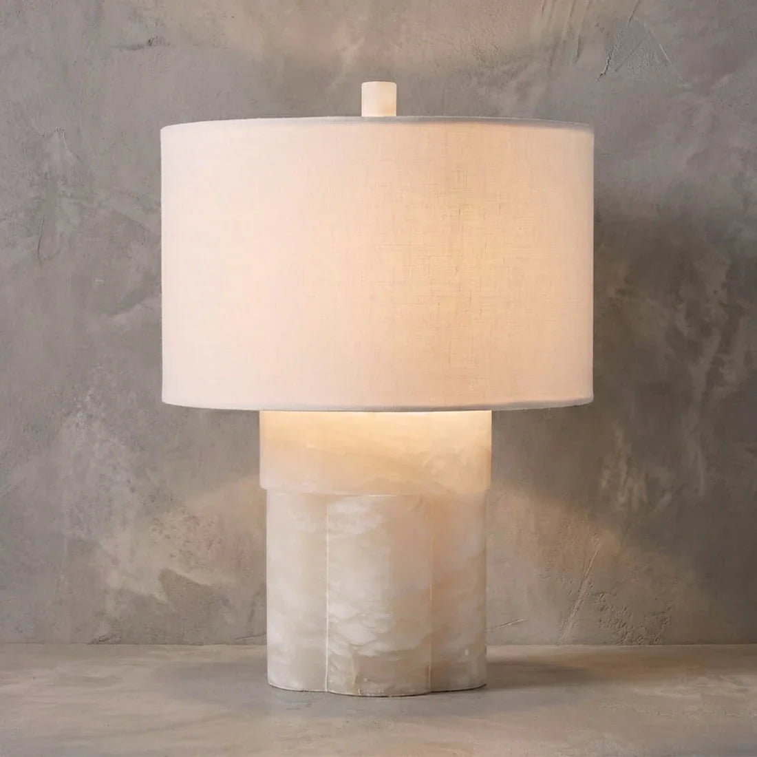 Alabaster Column Drum Table Lamp - Studio Grey Textured Backdrop Warm Ambient Light | HoaiLamp