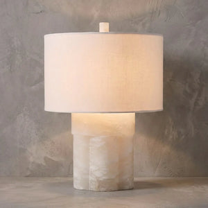 Alabaster Column Drum Table Lamp - Studio Grey Textured Backdrop Warm Ambient Light | HoaiLamp