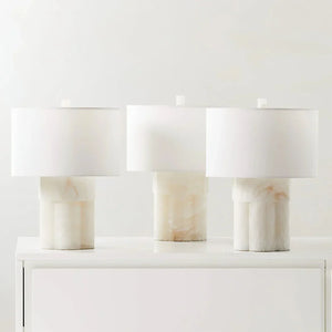 Alabaster Column Drum Table Lamp - Trio Display White Credenza Natural Material Variation | HoaiLamp