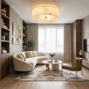 Alabaster Disc Flush Mount Ceiling Light - Mid Century Modern Living Room Curved Cream Sofa Bookshelf | HoaiLamp