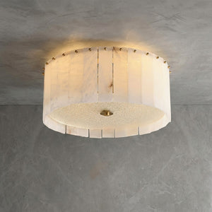 Alabaster Disc Flush Mount Ceiling Light - Studio Close Up Grey Textured Ceiling Brass Studs Detail | HoaiLamp