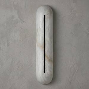 Hoailamp alabaster linear sconce with matte black slot unlit against a gray background