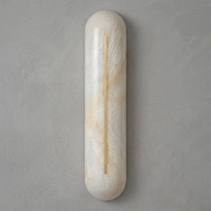 Unlit Hoailamp alabaster linear wall sconce showing natural white stone veining up close
