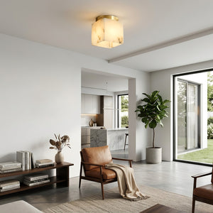 Alabaster Square Ceiling Light - Leather Armchair Backyard View Contemporary Salon | HoaiLamp