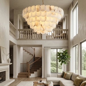 Alabaster Tiered Round Chandelier - Luxury Two-Story Living Room Cascade Lighting | HoaiLamp