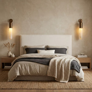 Alabaster Tube Wall Sconce - Symmetrical Minimalist Bedroom Fabric Headboard | HoaiLamp