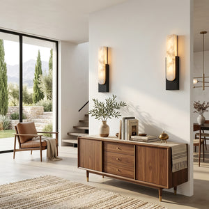 Alberta Brass Marble Wall Light - Symmetrical Living Room Setup Walnut Buffet Credenza | HoaiLamp