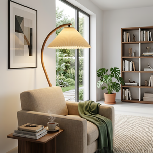 Arc Bentwood Floor Lamp - Warm Beige Sofa Potted Plant Decor | HoaiLamp