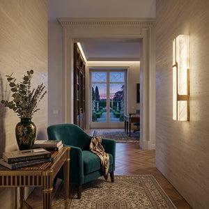 Ariel Modern Alabaster Column Sconce - Contemporary Lounge Area Velvet Armchair Glow | HoaiLamp