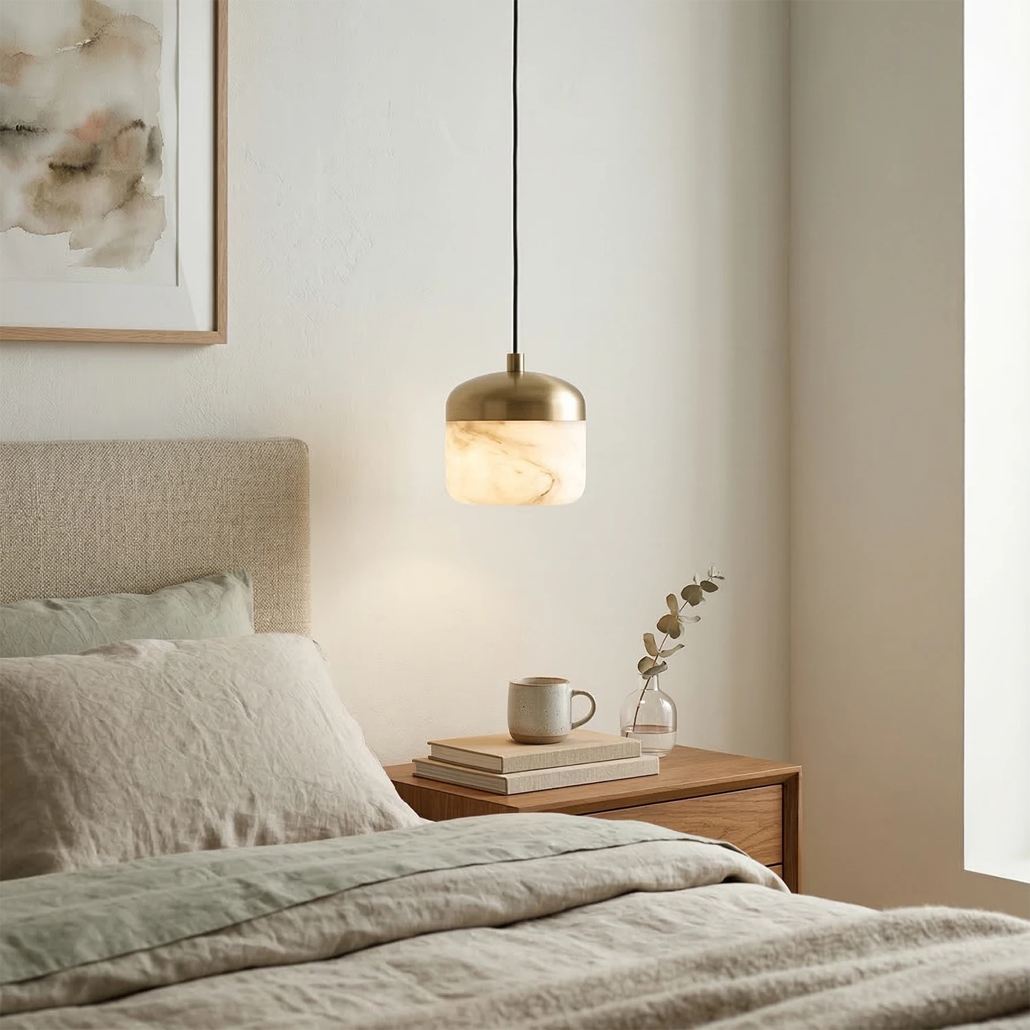AstaVera Alabaster Pendant Light - Single Head Cozy Nordic Bedroom Bedside Nightstand | HoaiLamp
