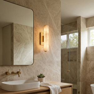 Audon Natural Linear Alabaster Stone Wall Sconce - Luxury Bathroom Vanity Marble Accent Wall Frameless Mirror | HoaiLamp