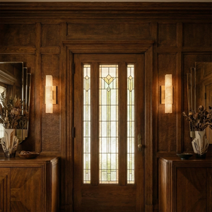 Audon Natural Linear Alabaster Stone Wall Sconce - Symmetrical Entrance Lighting Classical Dark Wood Front Door | HoaiLamp