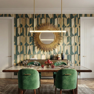 Audubon Crystal-Glow Multi-Bar Linear Chandelier - Art Deco Dining Room Emerald Green Wallpaper Velvet Chairs | HoaiLamp