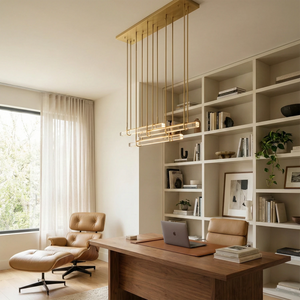 Audubon Crystal-Glow Multi-Bar Linear Chandelier - Bright Minimalist Home Office White Bookshelves Lounge Chair | HoaiLamp