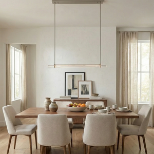 Audubon Crystal-Glow Multi-Bar Linear Chandelier - Bright Modern Dining Room Light Wood Table Cream Chairs | HoaiLamp