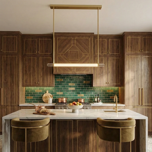 Audubon Crystal-Glow Multi-Bar Linear Chandelier - Luxury Kitchen Island Walnut Cabinets Green Tile Backsplash | HoaiLamp