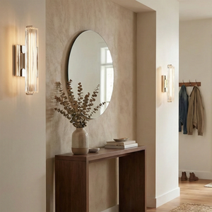 Audubonne Minimalist Crystal Column Sconce - Warm Neutral Foyer Entryway Console Round Mirror | HoaiLamp