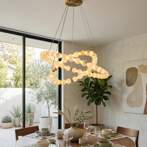 Aura Alabaster Orb Chandelier - Open Concept Dining Area Interlocking Double Rings | HoaiLamp