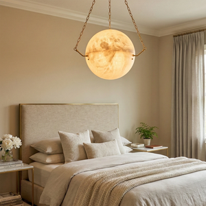 Aurelia Alabaster Sphere Suspension Pendant - Creamy Master Bedroom Fabric Headboard Ambient Glow | HoaiLamp