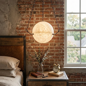 Aurelia Alabaster Sphere Suspension Pendant - Industrial Loft Bedroom Rugged Red Brick Wall Contrast | HoaiLamp