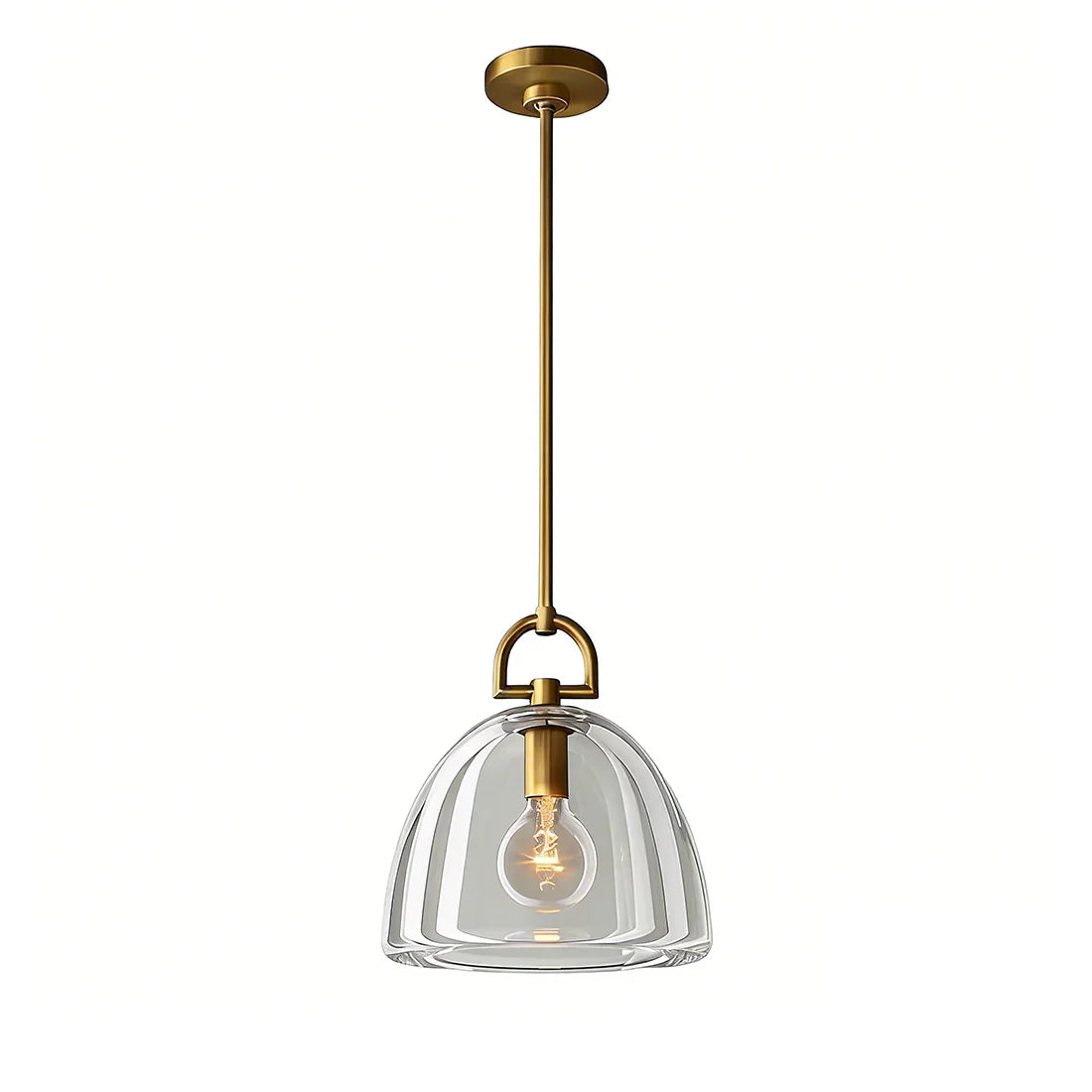 Auric Round Pendant Light by Hoailamp - Brushed brass downrod front studio view