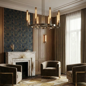 Aurora Crystal Candlestick Linear Glass Tube Chandelier - Art Deco Living Room Patterned Wallpaper Fireplace | HoaiLamp
