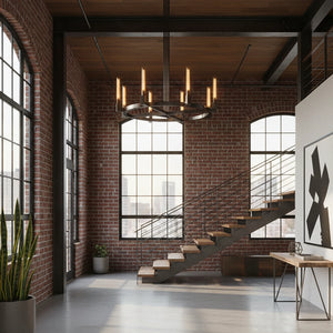 Aurora Crystal Candlestick Linear Glass Tube Chandelier - Grand Industrial Loft Steel Staircase Open Concept | HoaiLamp