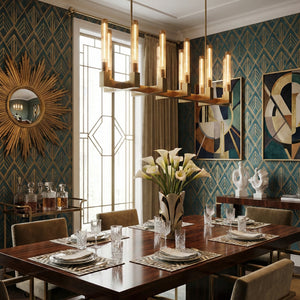 Aurora Crystal Candlestick Linear Glass Tube Chandelier - Luxury Dining Room Patterned Blue Wallpaper Long Wood Table | HoaiLamp