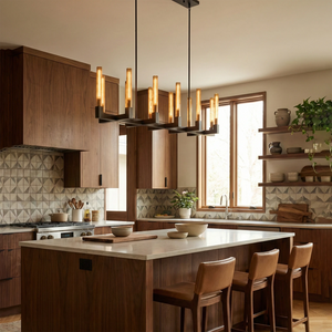 Aurora Crystal Candlestick Linear Glass Tube Chandelier - Transitional Kitchen Dark Wood Cabinets Island Black | HoaiLamp