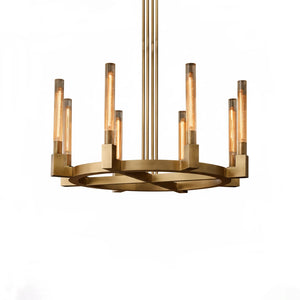 Aurora Crystal Candlestick Linear Glass Tube Chandelier - Studio White Background Brushed Gold Round Ring Chandelier Medium | HoaiLamp