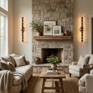 Aurora Glass Cup Sconce - Lifestyle Rustic Living Room Stone Fireplace Vertical Matrix | HoaiLamp