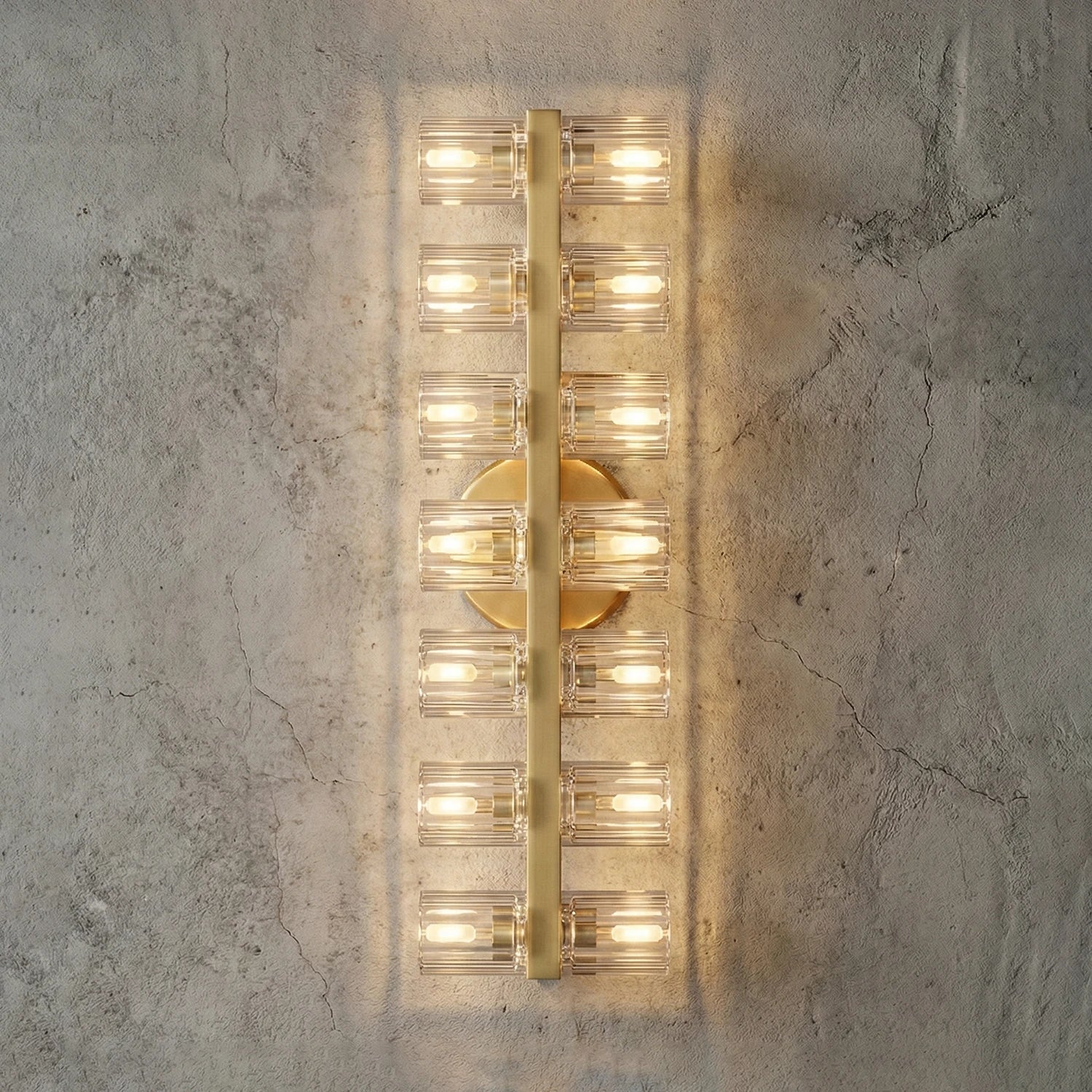 Aurora Glass Cup Sconce - Studio Grey Concrete Backdrop Vertical Matrix Lit | HoaiLamp