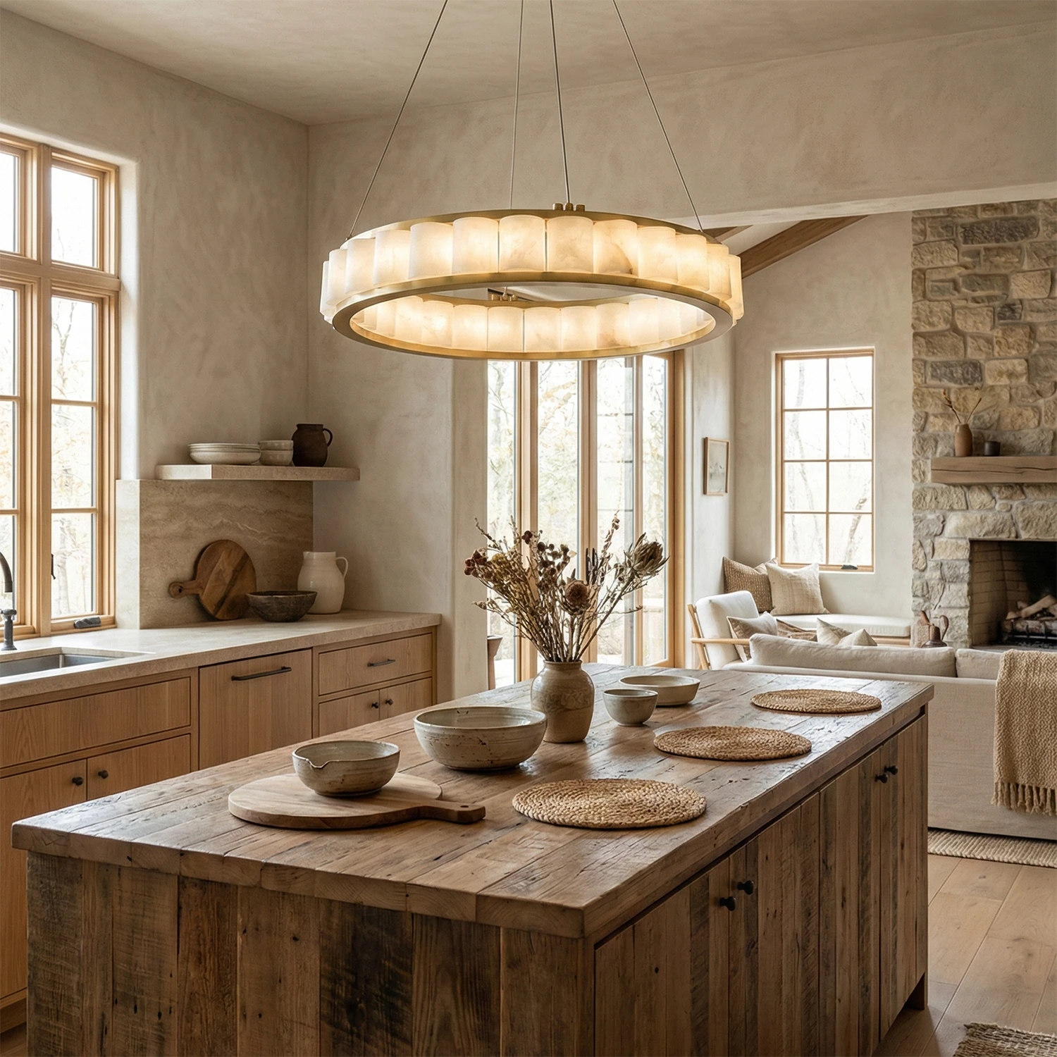 Avalon Alabaster Halo Chandelier - Rustic Wood Kitchen Island And Stone Fireplace | HoaiLamp