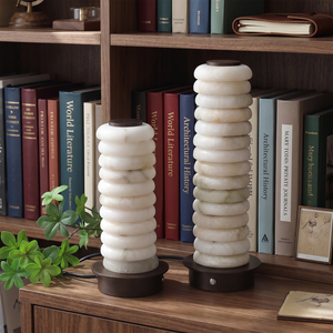 Multi-Tiered Alabaster Table Lamp - Symmetrical Two Sizes Display Wooden Bookcase Shelves | HoaiLamp