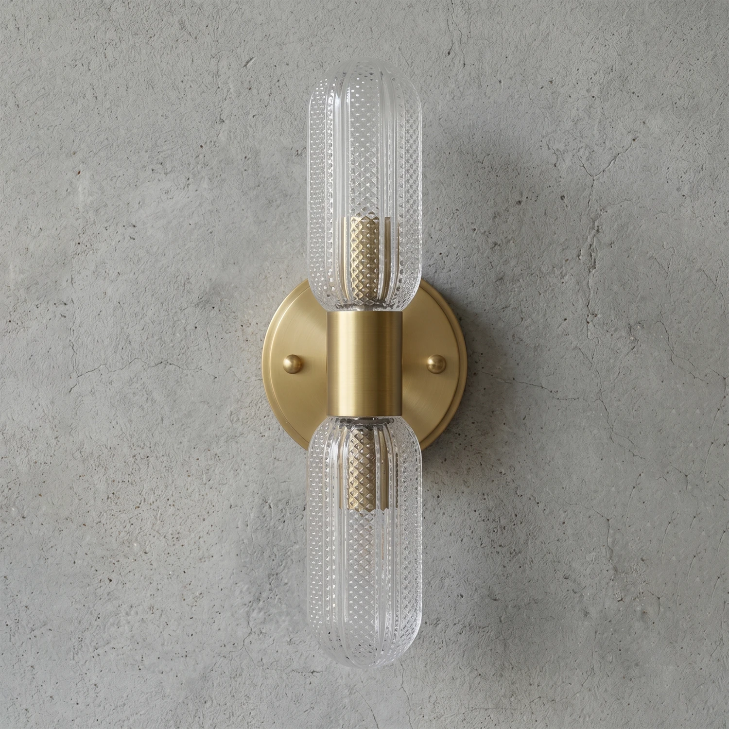 Brass Ribbed Glass Double Wall Sconce