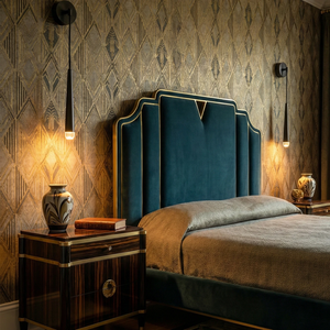 Brass Spinal Tube Crystal Wall Lamp - Luxury Bedroom Art Deco Teal Velvet Headboard Wallpaper | HoaiLamp