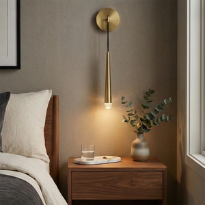 Brass Spinal Tube Crystal Wall Lamp - Symmetrical Cozy Bedroom Wooden Nightstand Eucalyptus Vase | HoaiLamp