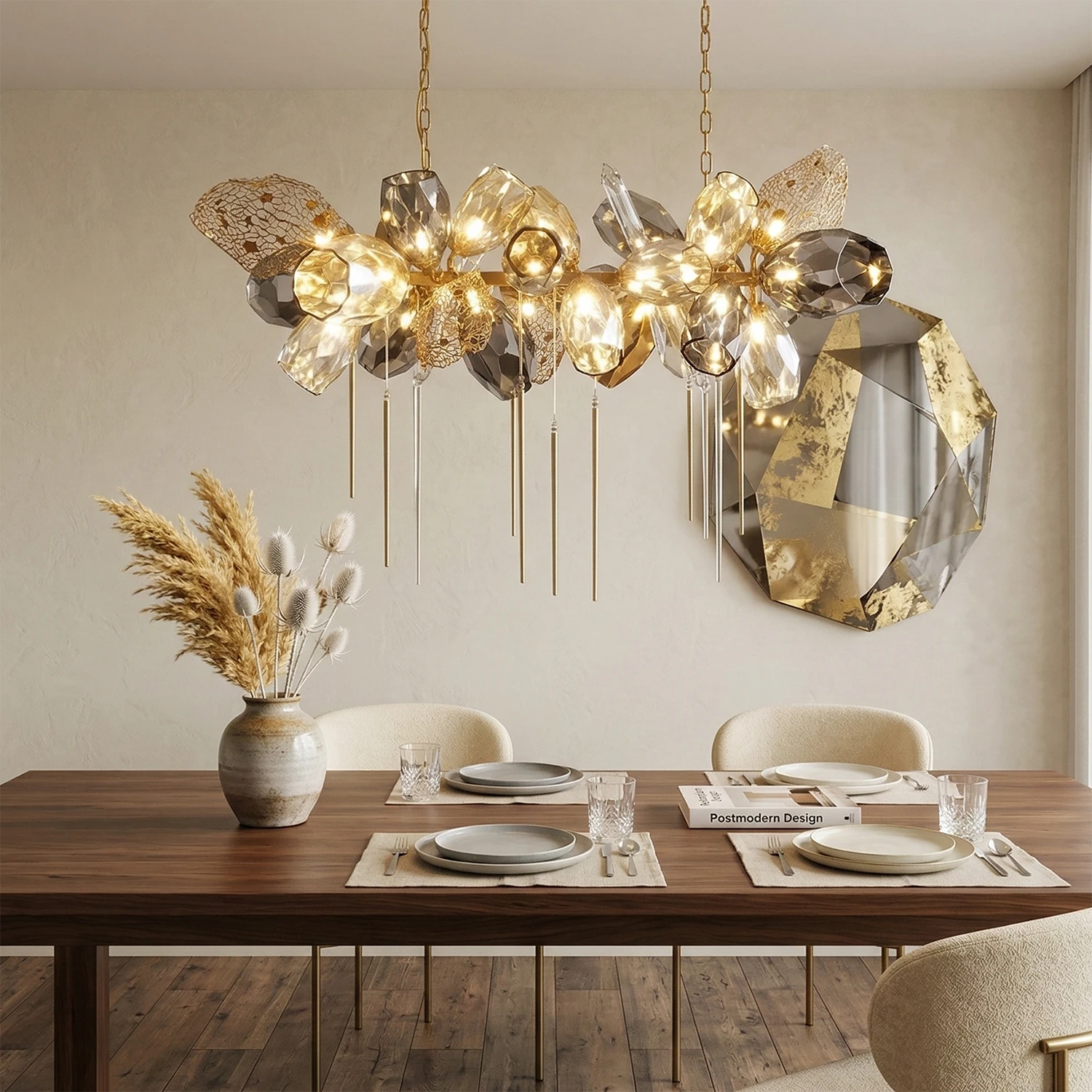 Britannica Luxury Stained Glass Chandelier - Linear Dining Room Wooden Table Ensemble | HoaiLamp