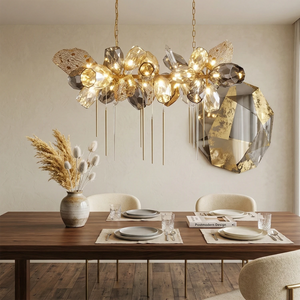Britannica Luxury Stained Glass Chandelier - Linear Dining Room Wooden Table Ensemble | HoaiLamp
