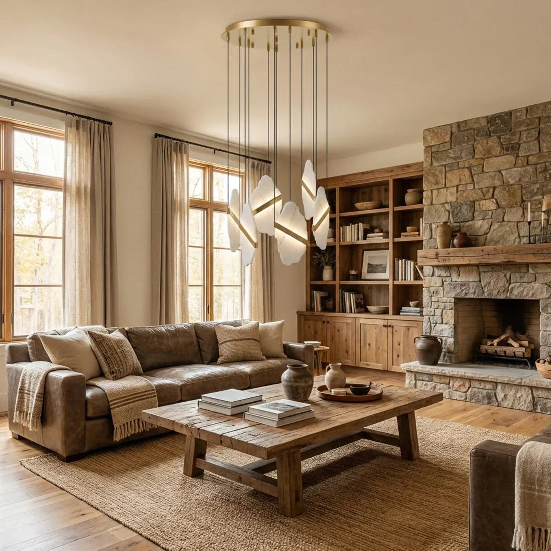 Cascading Alabaster Slab Chandelier - Cozy Rustic Living Room Stone Fireplace Leather Sofa | HoaiLamp